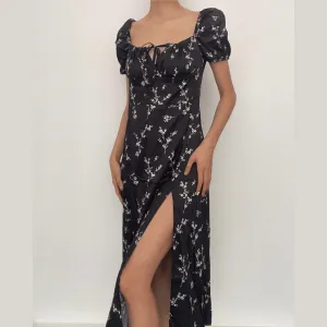 Short sleeve square neck puff sleeve contrast flower pattern print slit self tie midi dress