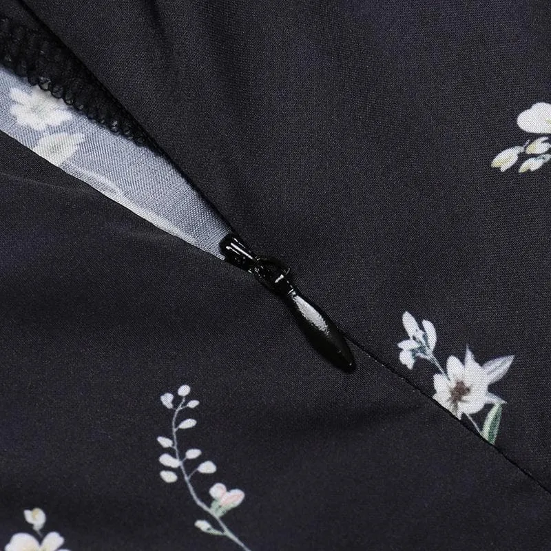 Short sleeve square neck puff sleeve contrast flower pattern print slit self tie midi dress