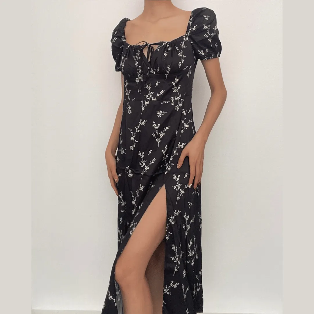 Short sleeve square neck puff sleeve contrast flower pattern print slit self tie midi dress