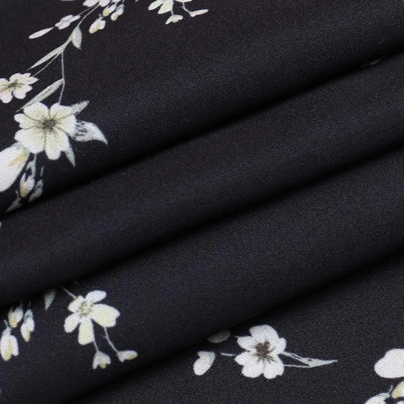 Short sleeve square neck puff sleeve contrast flower pattern print slit self tie midi dress