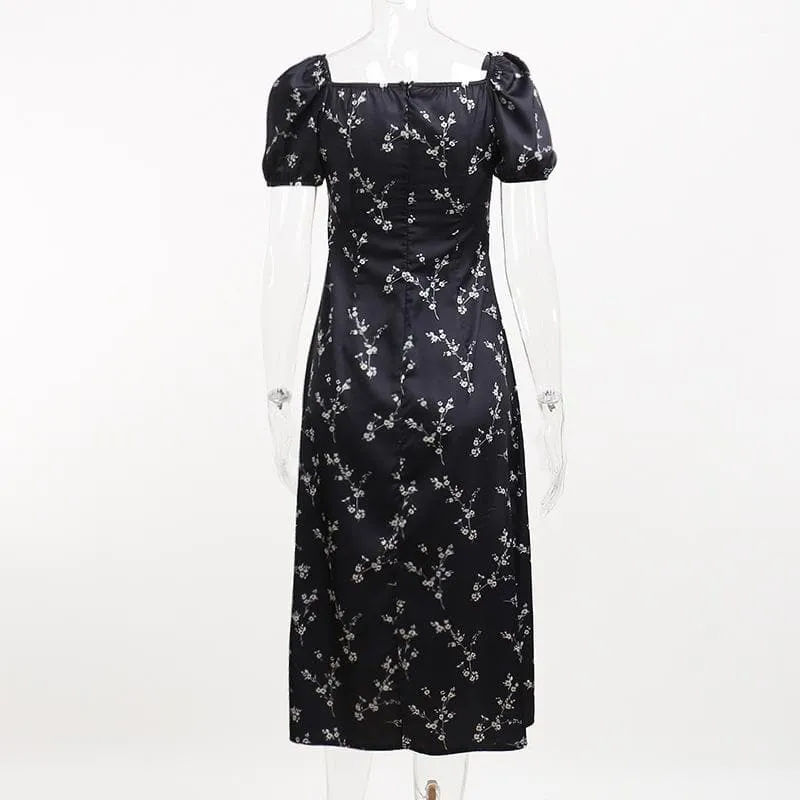 Short sleeve square neck puff sleeve contrast flower pattern print slit self tie midi dress