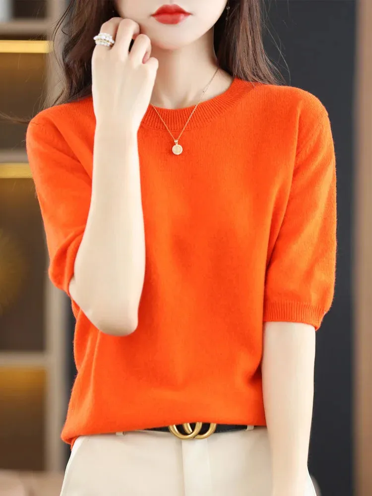 Short-sleeved Knitwear Women O-neck T-shirt Wool Cotton Blend Pullover Vest Sprig Summer Bottoming Tops Sweater Solid Soft