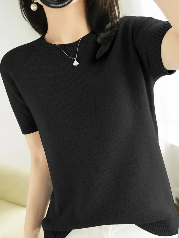 Short-sleeved Knitwear Women O-neck T-shirt Wool Cotton Blend Pullover Vest Sprig Summer Bottoming Tops Sweater Solid Soft