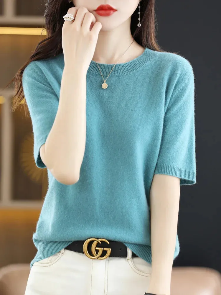 Short-sleeved Knitwear Women O-neck T-shirt Wool Cotton Blend Pullover Vest Sprig Summer Bottoming Tops Sweater Solid Soft