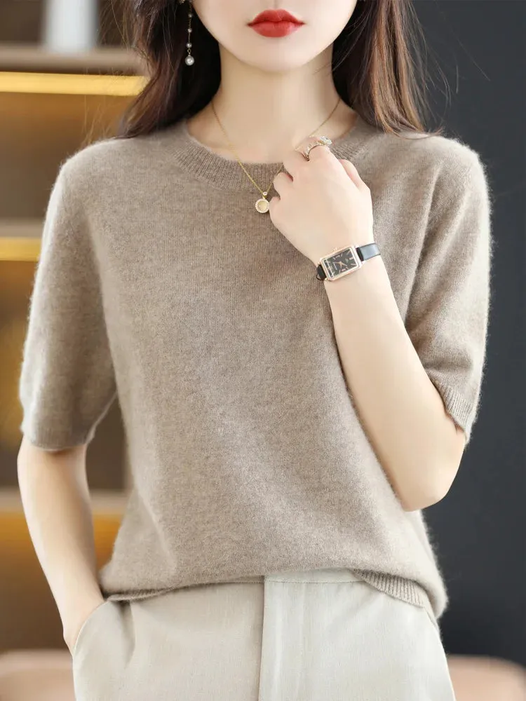 Short-sleeved Knitwear Women O-neck T-shirt Wool Cotton Blend Pullover Vest Sprig Summer Bottoming Tops Sweater Solid Soft