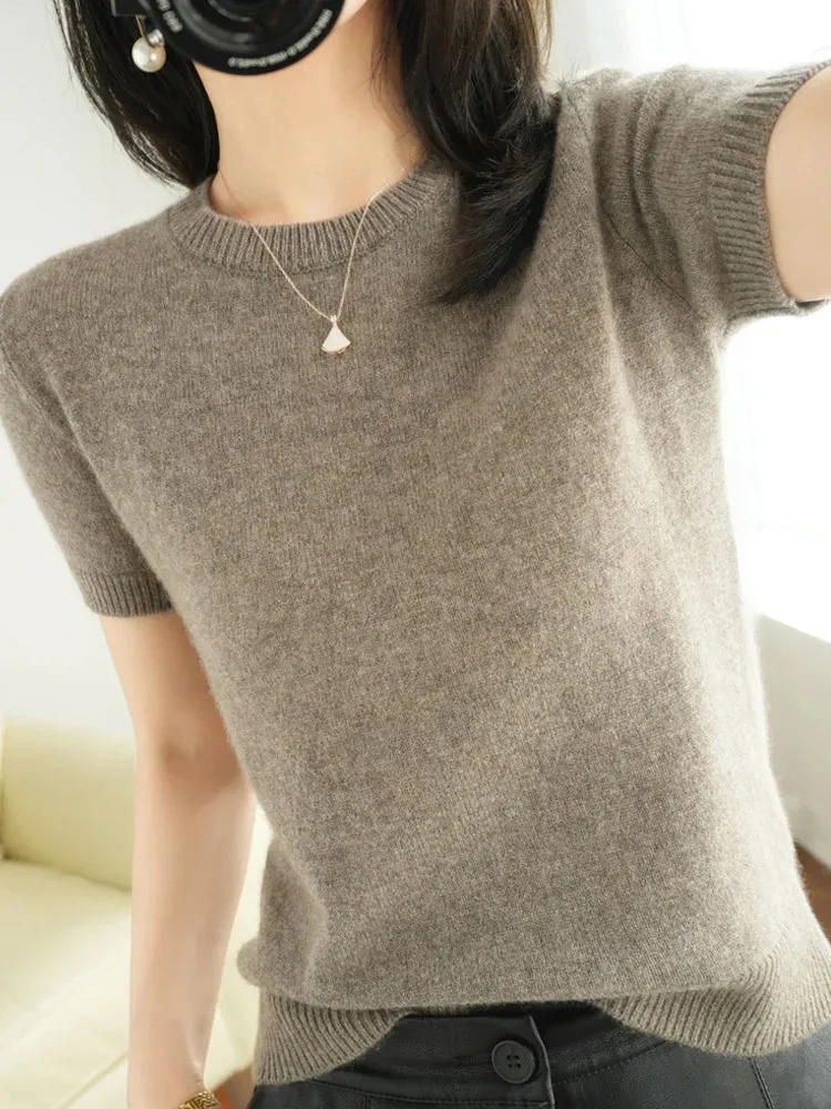 Short-sleeved Knitwear Women O-neck T-shirt Wool Cotton Blend Pullover Vest Sprig Summer Bottoming Tops Sweater Solid Soft