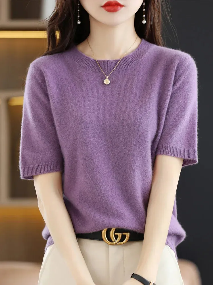 Short-sleeved Knitwear Women O-neck T-shirt Wool Cotton Blend Pullover Vest Sprig Summer Bottoming Tops Sweater Solid Soft