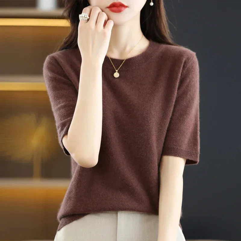 Short-sleeved Knitwear Women O-neck T-shirt Wool Cotton Blend Pullover Vest Sprig Summer Bottoming Tops Sweater Solid Soft