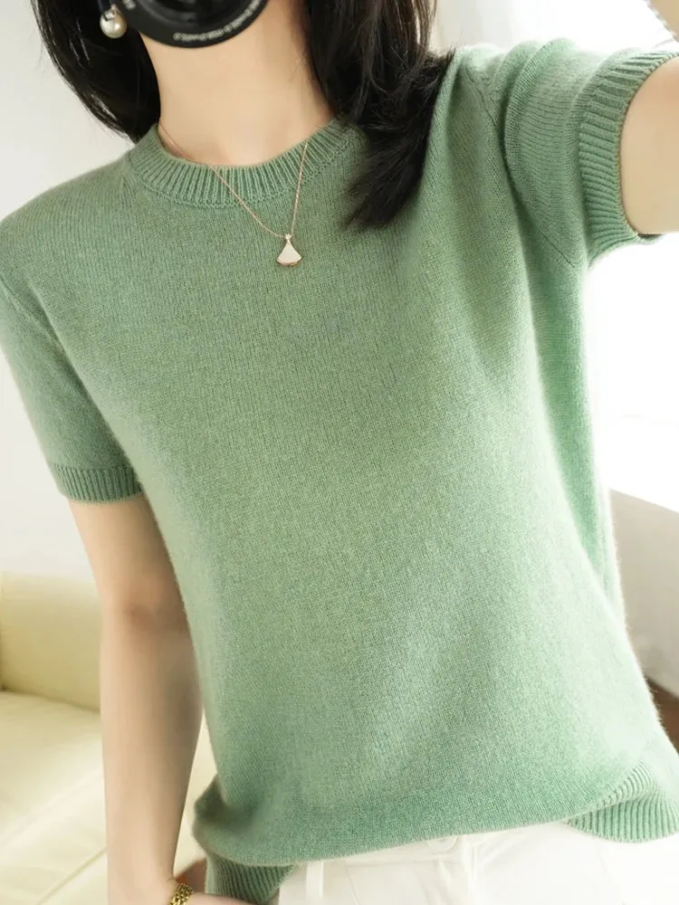 Short-sleeved Knitwear Women O-neck T-shirt Wool Cotton Blend Pullover Vest Sprig Summer Bottoming Tops Sweater Solid Soft