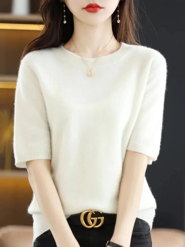 Short-sleeved Knitwear Women O-neck T-shirt Wool Cotton Blend Pullover Vest Sprig Summer Bottoming Tops Sweater Solid Soft
