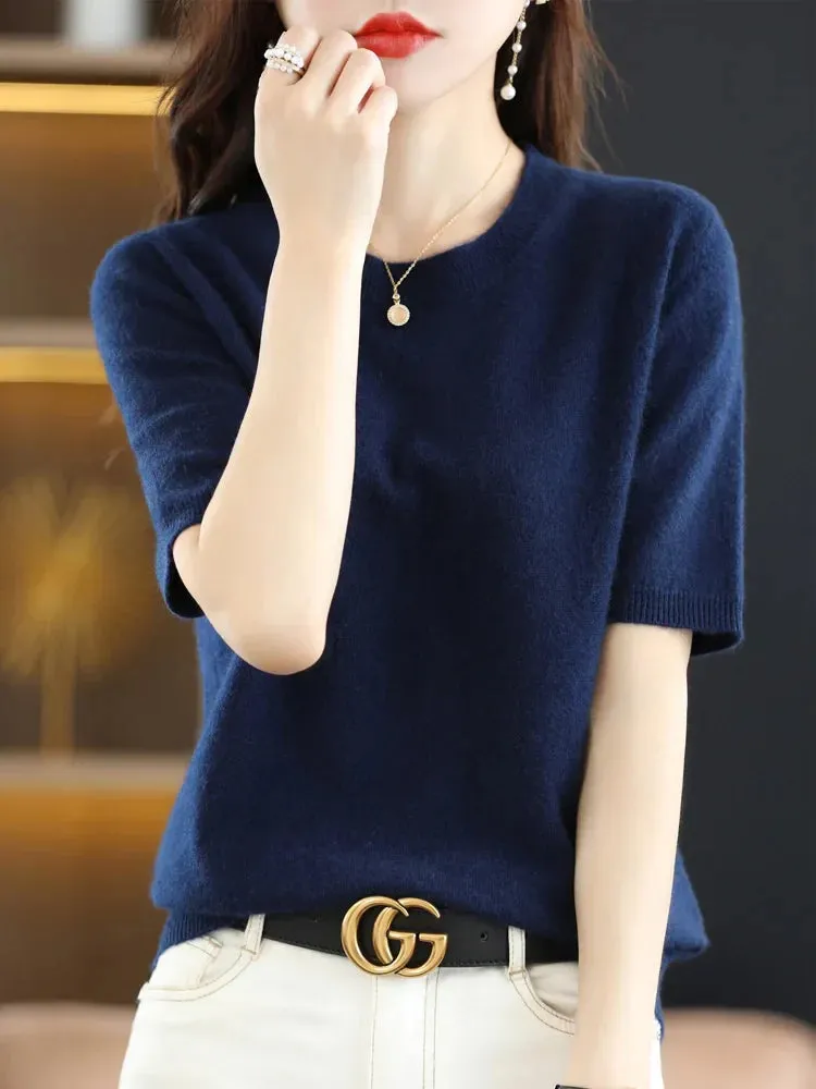 Short-sleeved Knitwear Women O-neck T-shirt Wool Cotton Blend Pullover Vest Sprig Summer Bottoming Tops Sweater Solid Soft