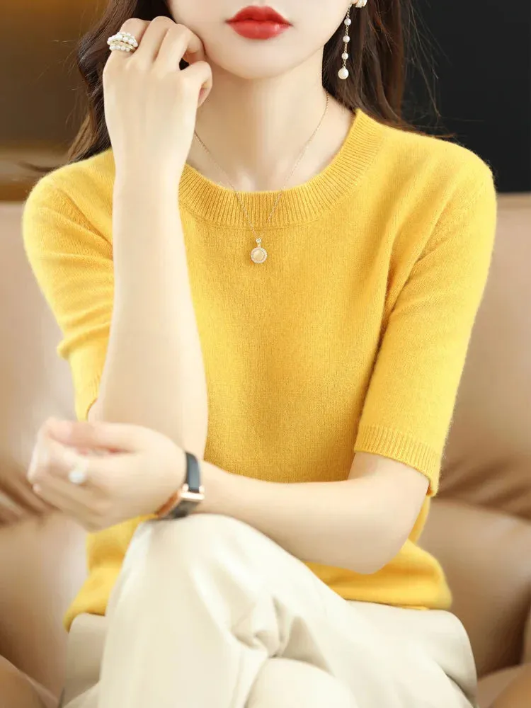 Short-sleeved Knitwear Women O-neck T-shirt Wool Cotton Blend Pullover Vest Sprig Summer Bottoming Tops Sweater Solid Soft