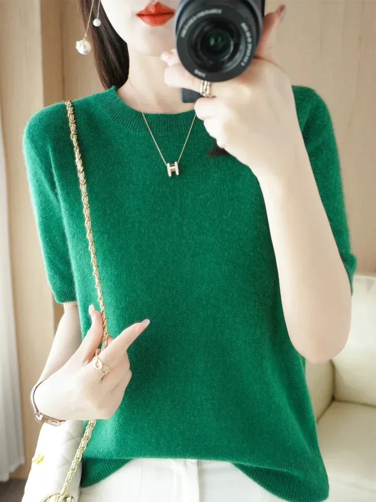 Short-sleeved Knitwear Women O-neck T-shirt Wool Cotton Blend Pullover Vest Sprig Summer Bottoming Tops Sweater Solid Soft