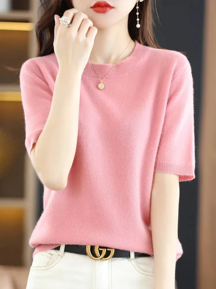 Short-sleeved Knitwear Women O-neck T-shirt Wool Cotton Blend Pullover Vest Sprig Summer Bottoming Tops Sweater Solid Soft