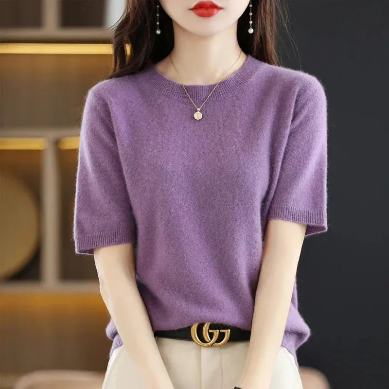 Short-sleeved Knitwear Women O-neck T-shirt Wool Cotton Blend Pullover Vest Sprig Summer Bottoming Tops Sweater Solid Soft