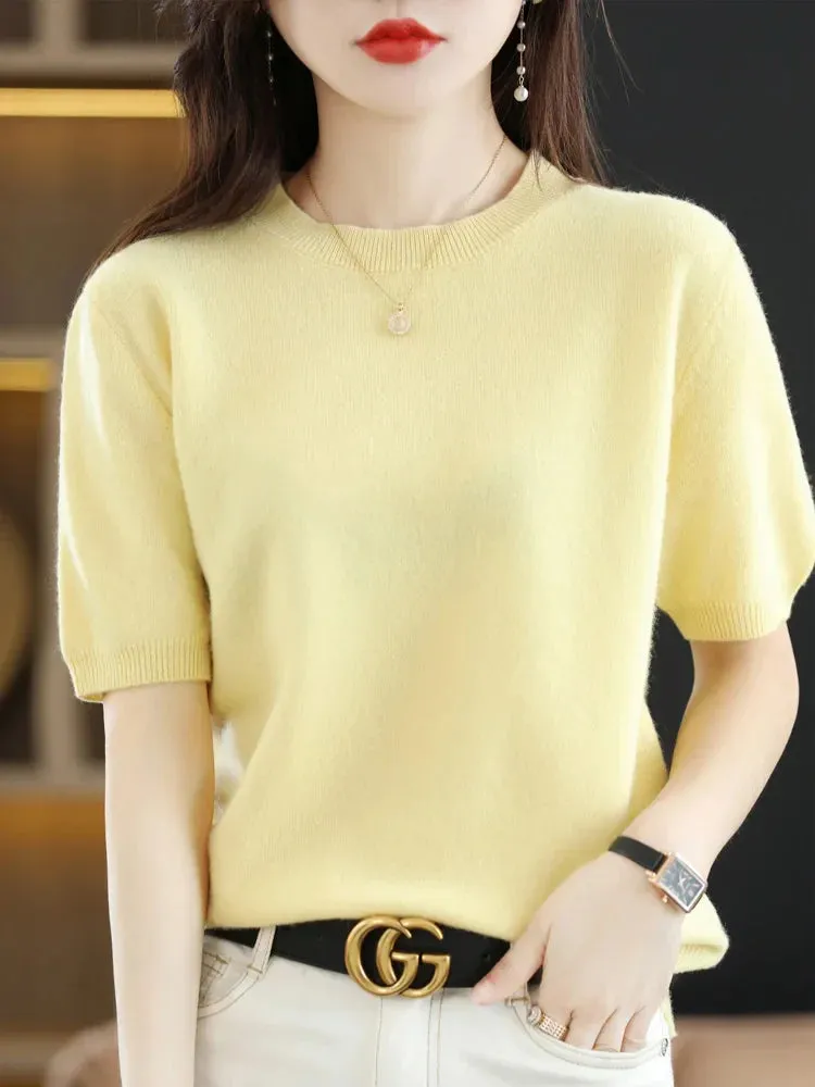 Short-sleeved Knitwear Women O-neck T-shirt Wool Cotton Blend Pullover Vest Sprig Summer Bottoming Tops Sweater Solid Soft