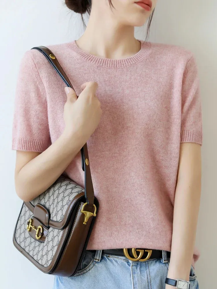 Short-sleeved Knitwear Women O-neck T-shirt Wool Cotton Blend Pullover Vest Sprig Summer Bottoming Tops Sweater Solid Soft