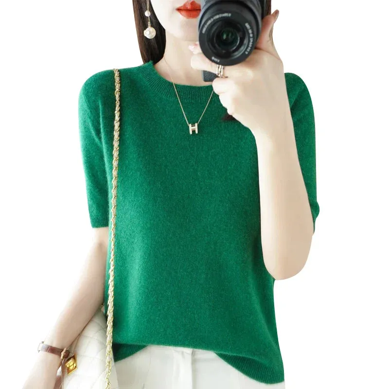 Short-sleeved Knitwear Women O-neck T-shirt Wool Cotton Blend Pullover Vest Sprig Summer Bottoming Tops Sweater Solid Soft
