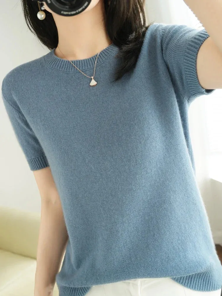 Short-sleeved Knitwear Women O-neck T-shirt Wool Cotton Blend Pullover Vest Sprig Summer Bottoming Tops Sweater Solid Soft