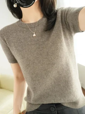 Short-sleeved Knitwear Women O-neck T-shirt Wool Cotton Blend Pullover Vest Sprig Summer Bottoming Tops Sweater Solid Soft