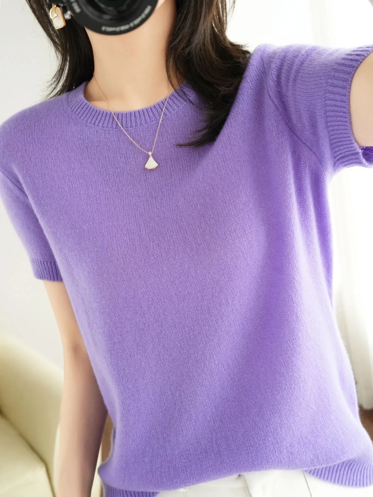 Short-sleeved Knitwear Women O-neck T-shirt Wool Cotton Blend Pullover Vest Sprig Summer Bottoming Tops Sweater Solid Soft
