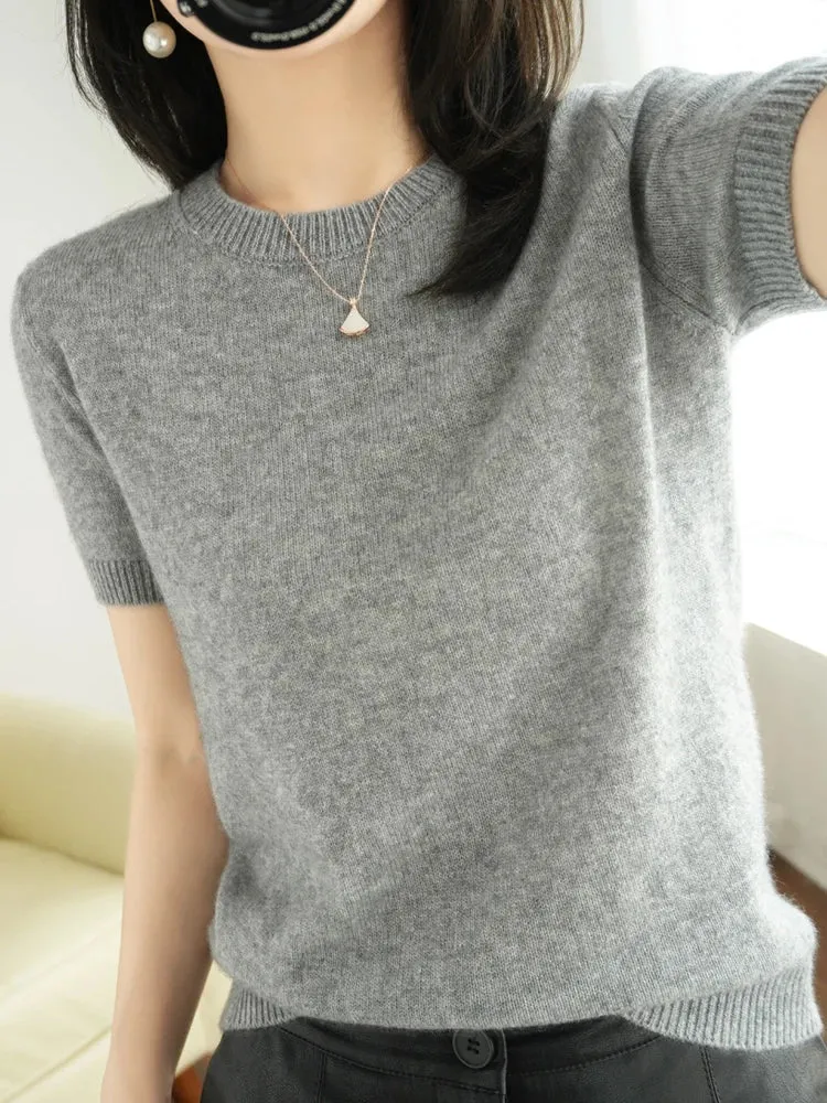 Short-sleeved Knitwear Women O-neck T-shirt Wool Cotton Blend Pullover Vest Sprig Summer Bottoming Tops Sweater Solid Soft