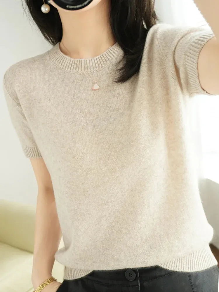 Short-sleeved Knitwear Women O-neck T-shirt Wool Cotton Blend Pullover Vest Sprig Summer Bottoming Tops Sweater Solid Soft