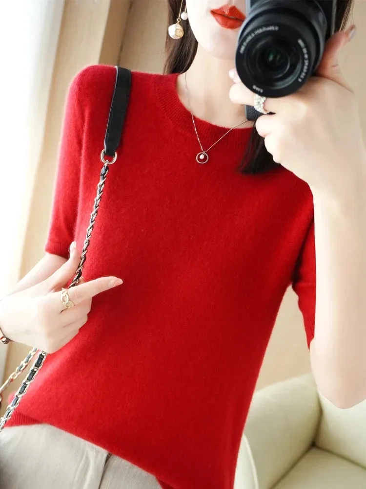 Short-sleeved Knitwear Women O-neck T-shirt Wool Cotton Blend Pullover Vest Sprig Summer Bottoming Tops Sweater Solid Soft