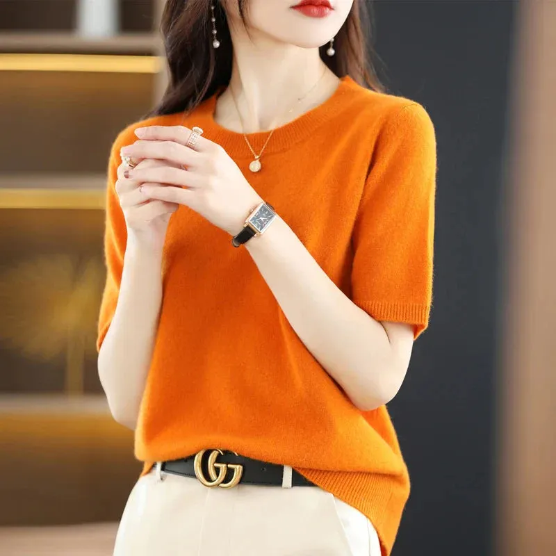 Short-sleeved Knitwear Women O-neck T-shirt Wool Cotton Blend Pullover Vest Sprig Summer Bottoming Tops Sweater Solid Soft