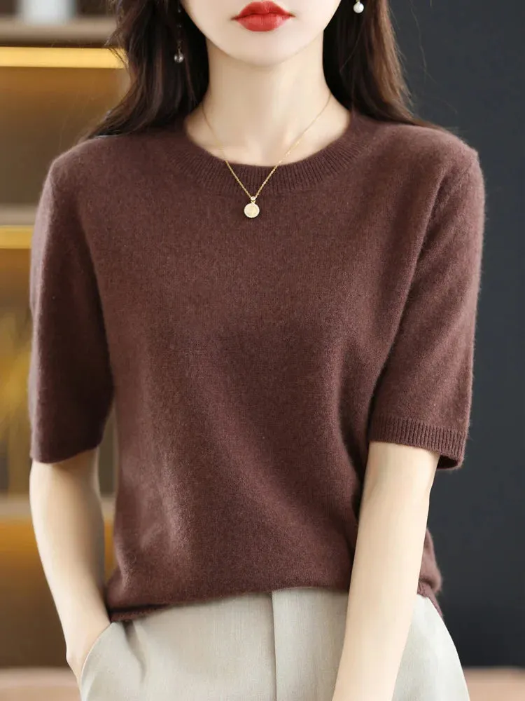 Short-sleeved Knitwear Women O-neck T-shirt Wool Cotton Blend Pullover Vest Sprig Summer Bottoming Tops Sweater Solid Soft