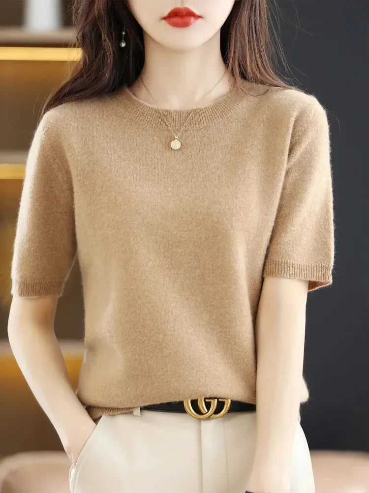Short-sleeved Knitwear Women O-neck T-shirt Wool Cotton Blend Pullover Vest Sprig Summer Bottoming Tops Sweater Solid Soft