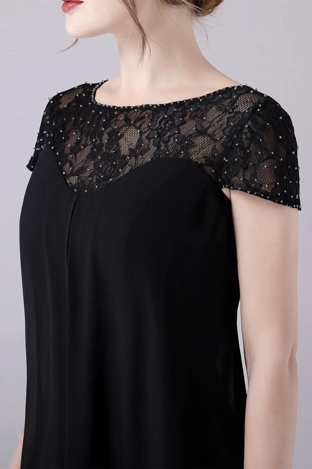 Short sleeves A-line knee-length jewel lace mother's dress