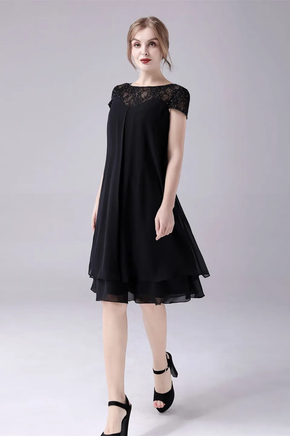 Short sleeves A-line knee-length jewel lace mother's dress