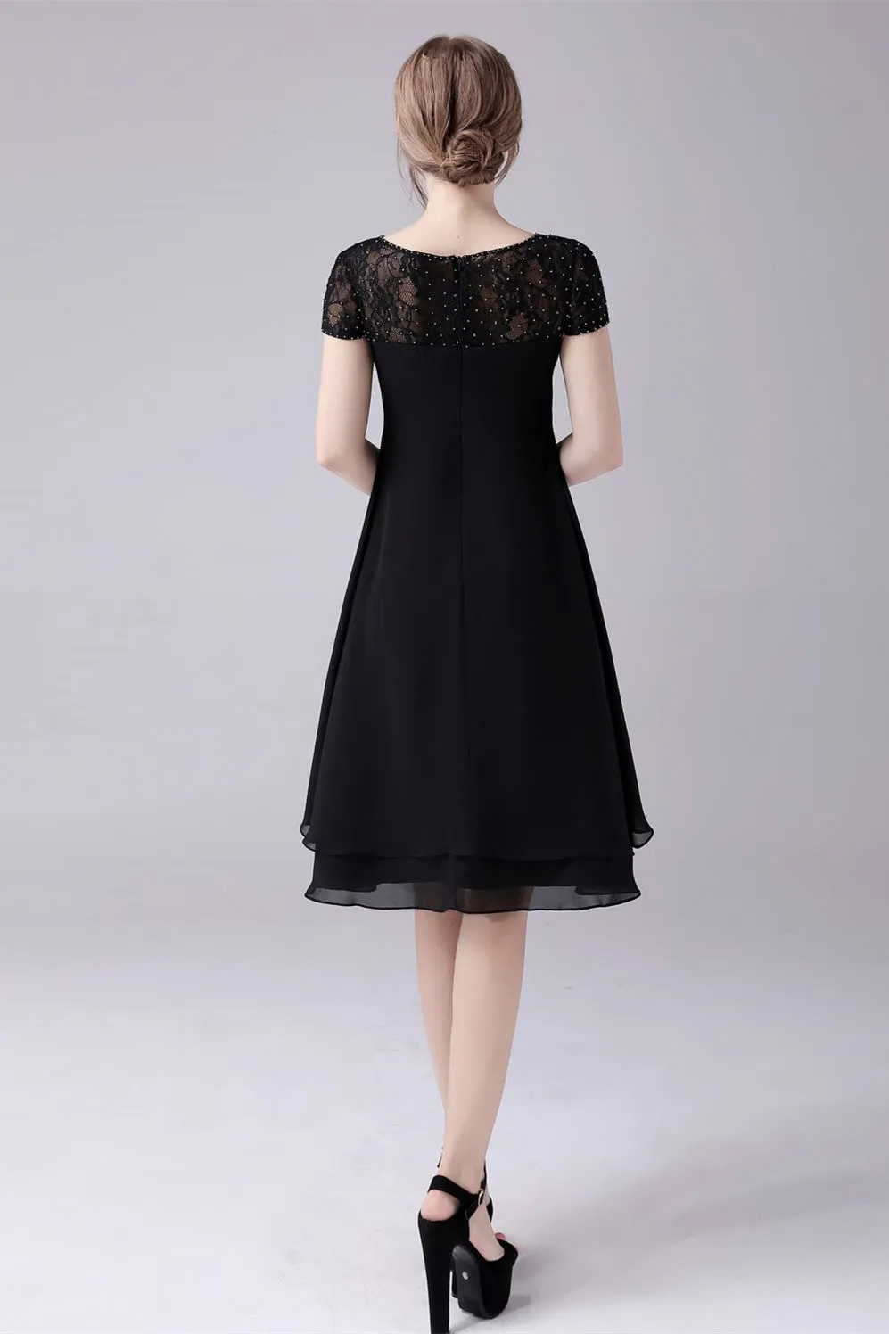 Short sleeves A-line knee-length jewel lace mother's dress
