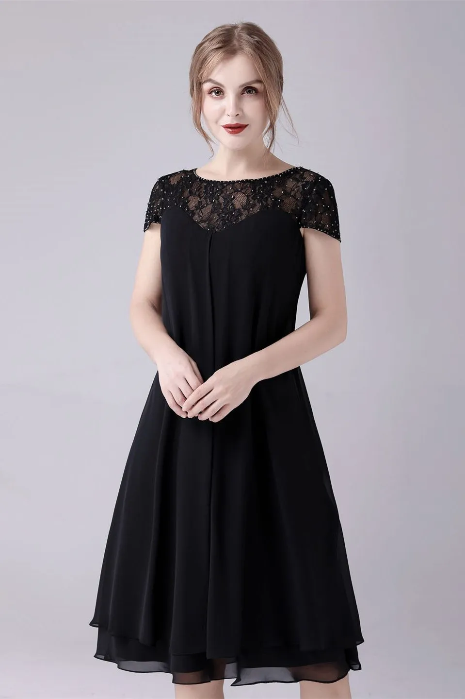 Short sleeves A-line knee-length jewel lace mother's dress