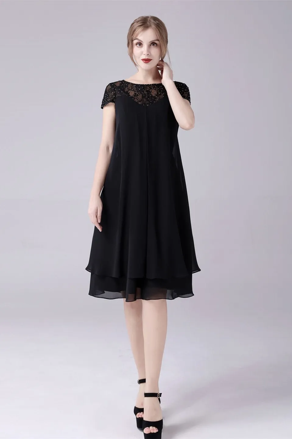 Short sleeves A-line knee-length jewel lace mother's dress