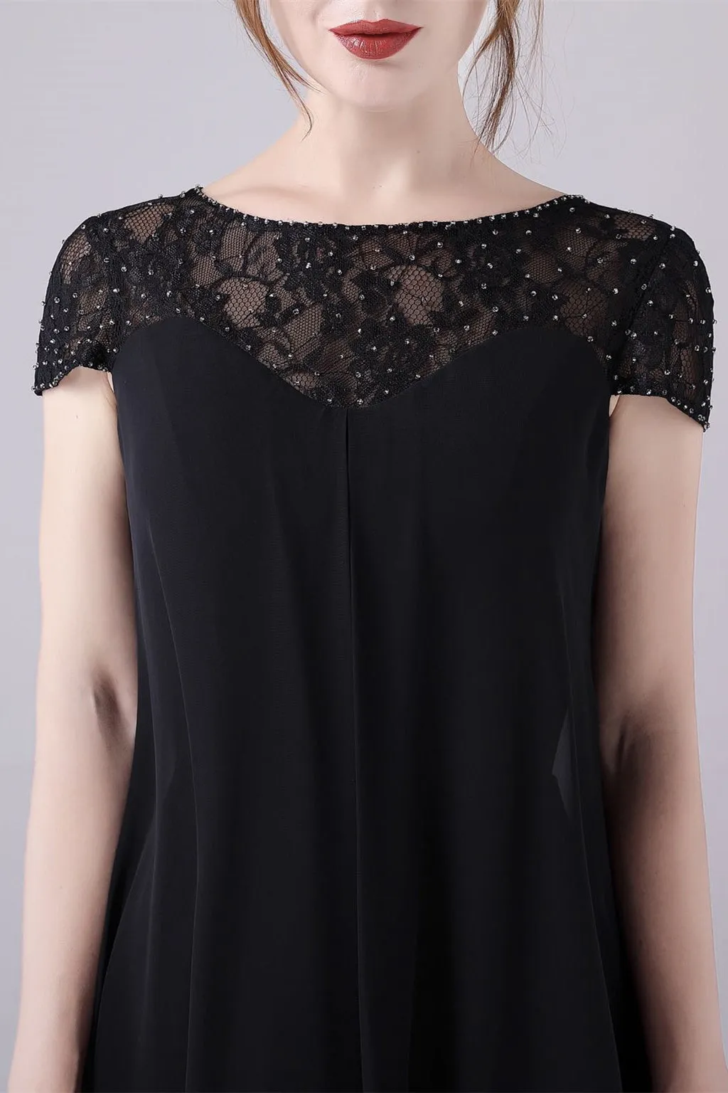 Short sleeves A-line knee-length jewel lace mother's dress