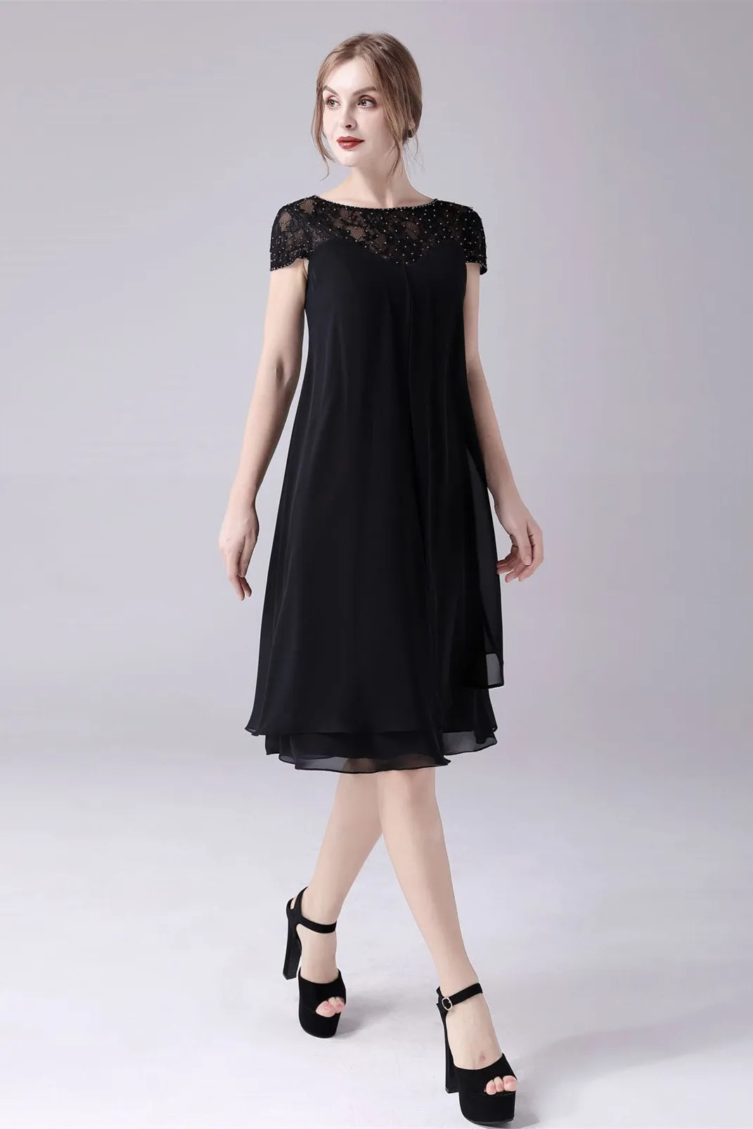 Short sleeves A-line knee-length jewel lace mother's dress