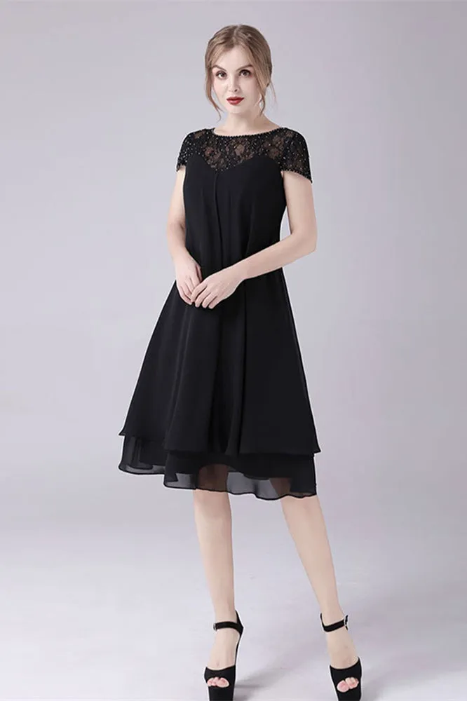 Short sleeves A-line knee-length jewel lace mother's dress