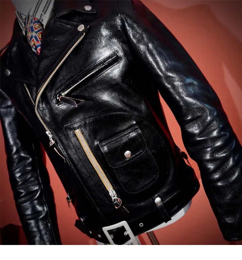 Short Slim Fit Patent PU Leather Biker Jacket