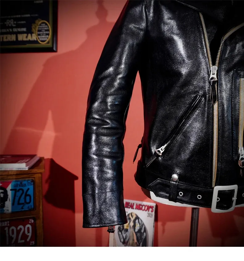 Short Slim Fit Patent PU Leather Biker Jacket