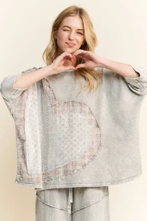 Silver Grey Mineral Washed Heart Patched Valentines T Shirt