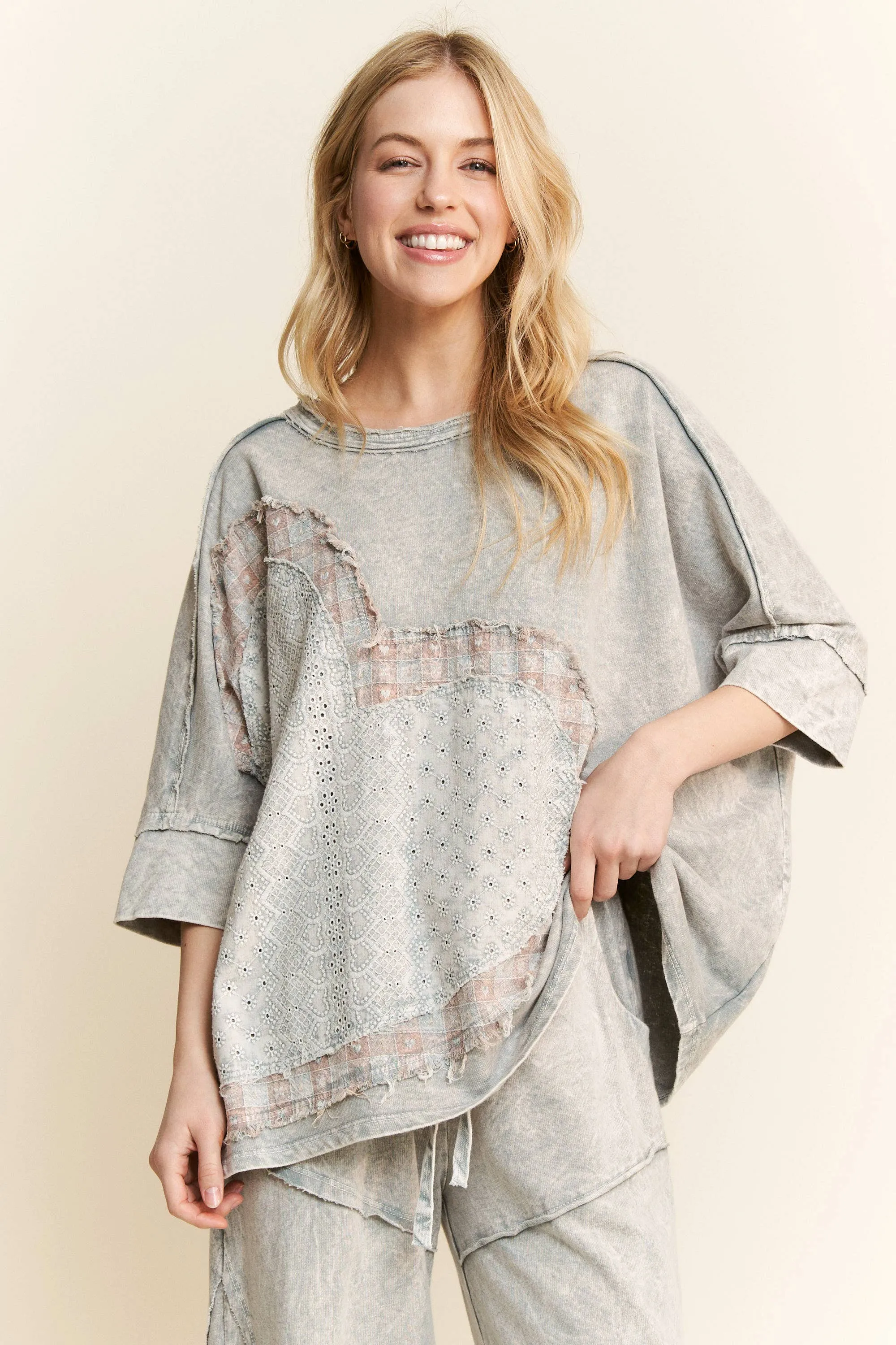 Silver Grey Mineral Washed Heart Patched Valentines T Shirt