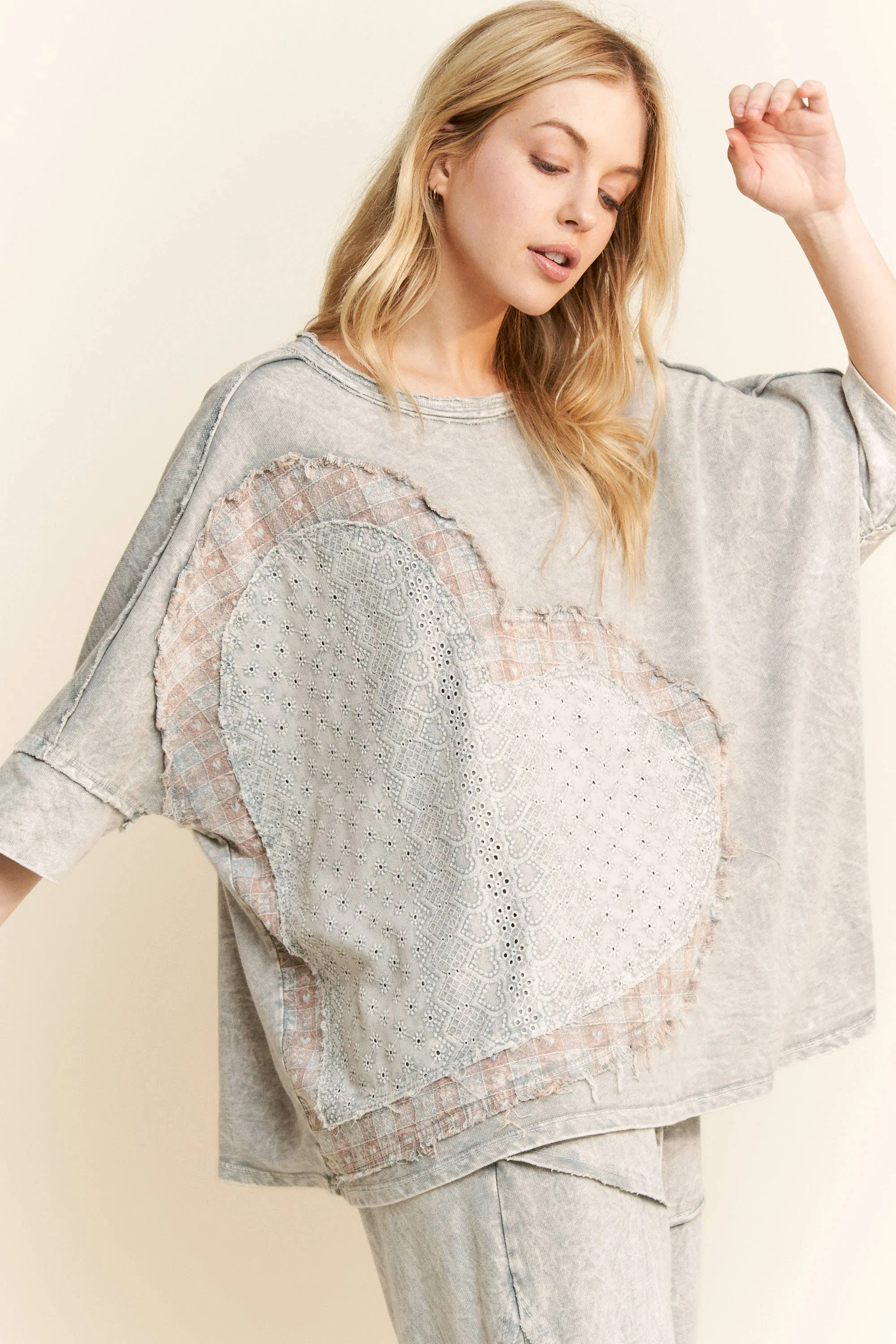 Silver Grey Mineral Washed Heart Patched Valentines T Shirt