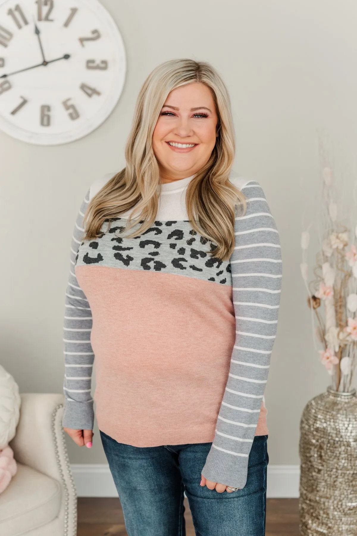 Simpler Times Ahead Long Sleeve Top- Soft Pink, Grey & Ivory