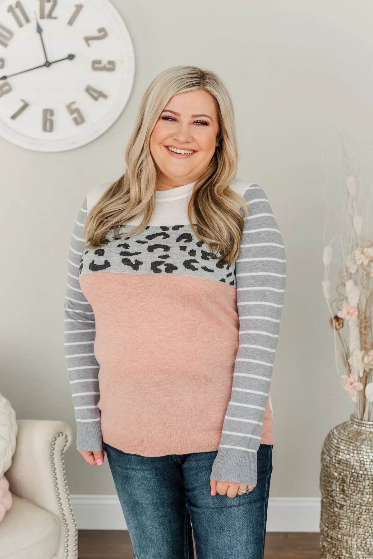 Simpler Times Ahead Long Sleeve Top- Soft Pink, Grey & Ivory