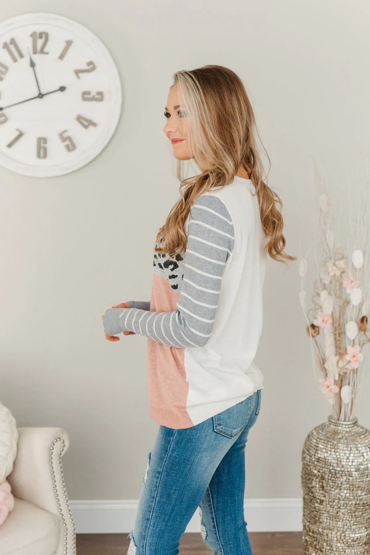 Simpler Times Ahead Long Sleeve Top- Soft Pink, Grey & Ivory