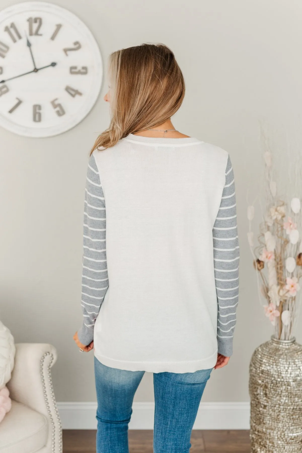 Simpler Times Ahead Long Sleeve Top- Soft Pink, Grey & Ivory