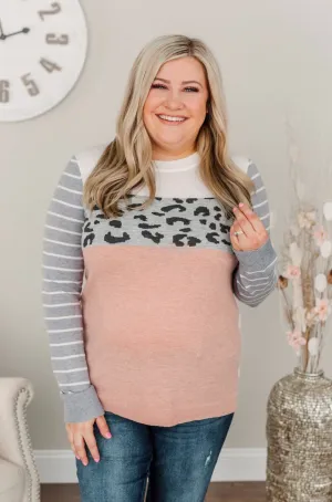 Simpler Times Ahead Long Sleeve Top- Soft Pink, Grey & Ivory