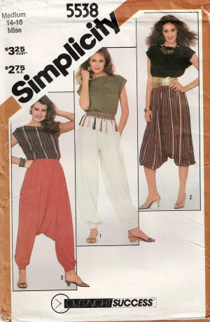 Simplicity 5538 Womens Zouave Harem Dropped Crotch Pants & Pullover Top 1980s Vintage Sewing Pattern Size MEDIUM UNCUT Factory Folded